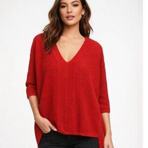 Express Women's Sweater Chevron Pattern Knit V-Neck Red High-Low Hem Size Small